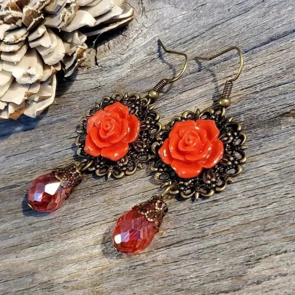 Lacy Bronze Filigree Red Rose Cabochon Teardrop Cut Crystal Earrings - Picture 1 of 5